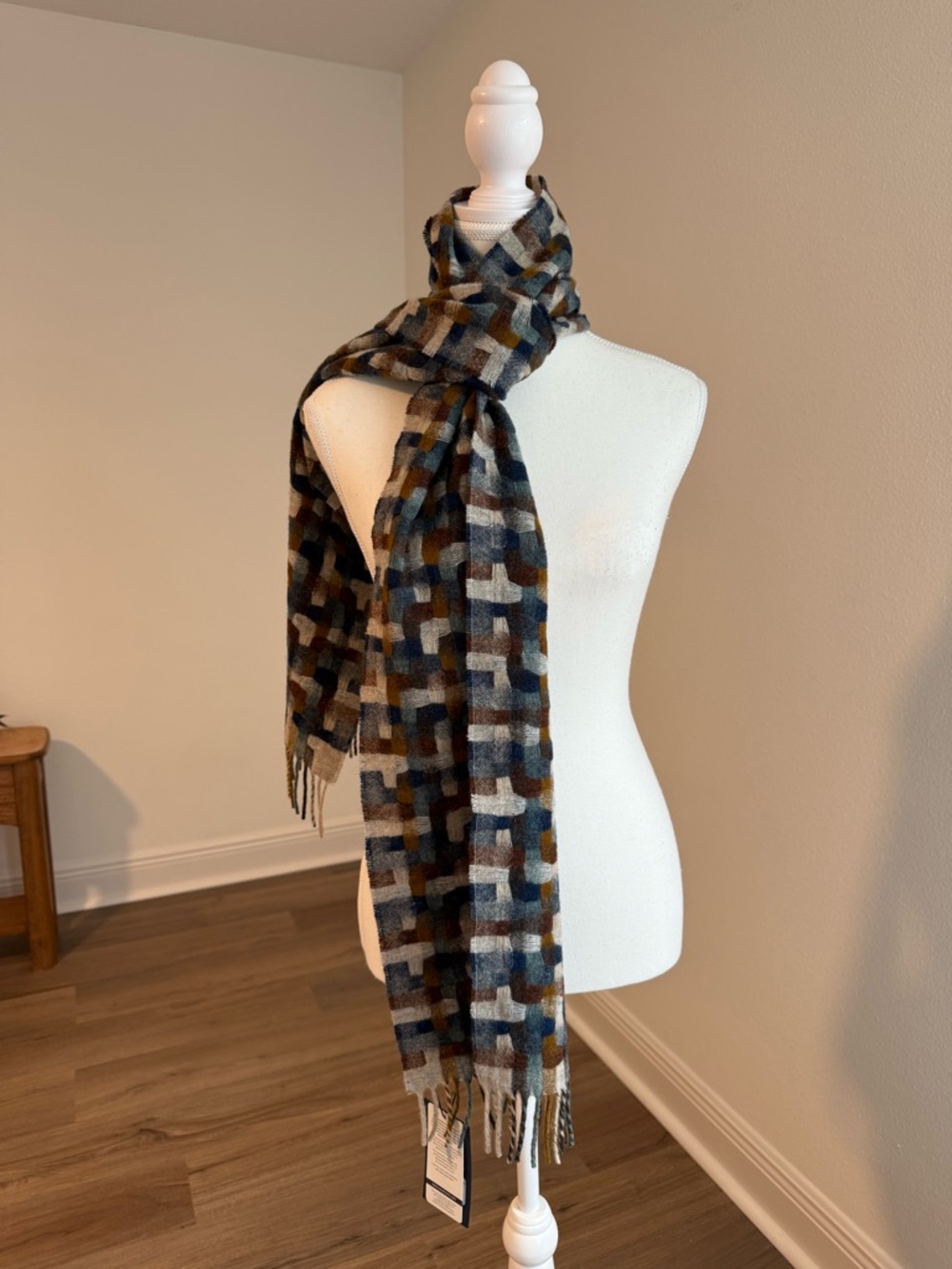 Moon Pure Merino Wool Plaid Fringe Scarf in Navy, Brown, Gray Multi Colored